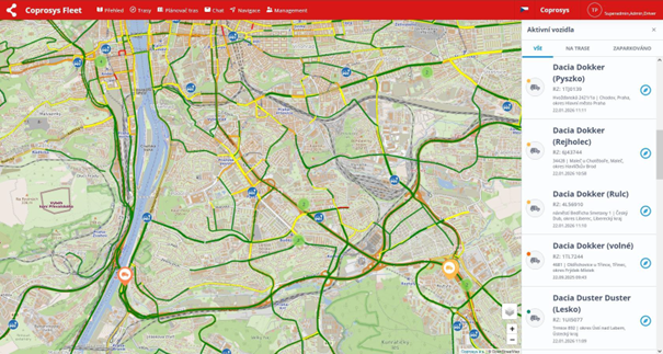 Coflow – fleet management, mapa s vozidly